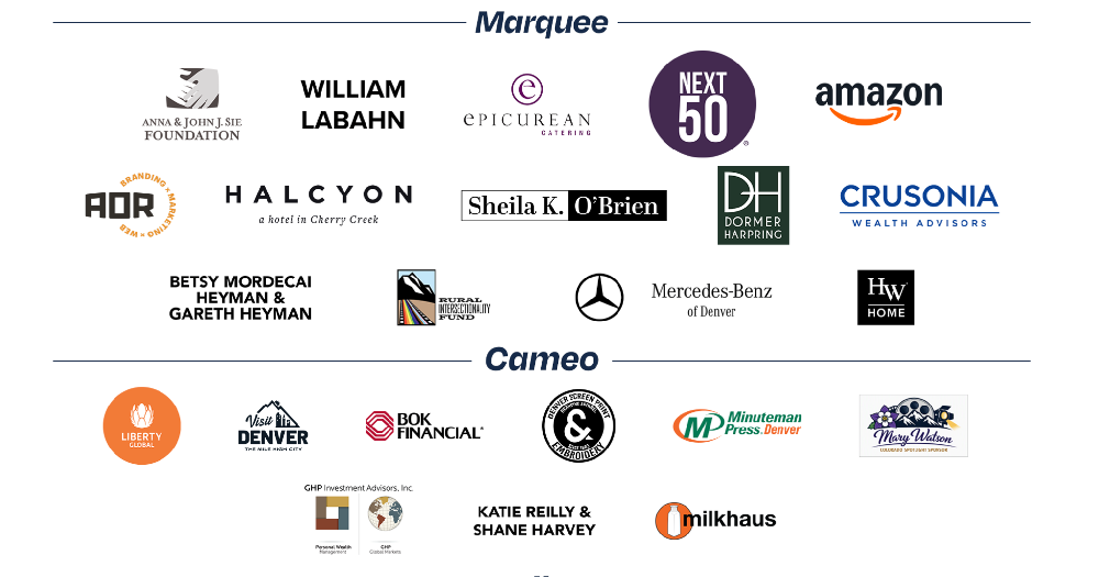 Denver Film Festival 2026 marquee and cameo sponsor recognition including HW Home